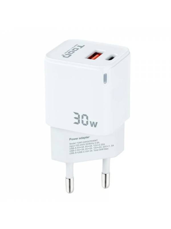 CARGADOR  5V ENCHUFE 2 X USB,  TYPE C, USB, 30W BLANCO PN: TQWC-GANQCPD30WT EAN: 8433281012561