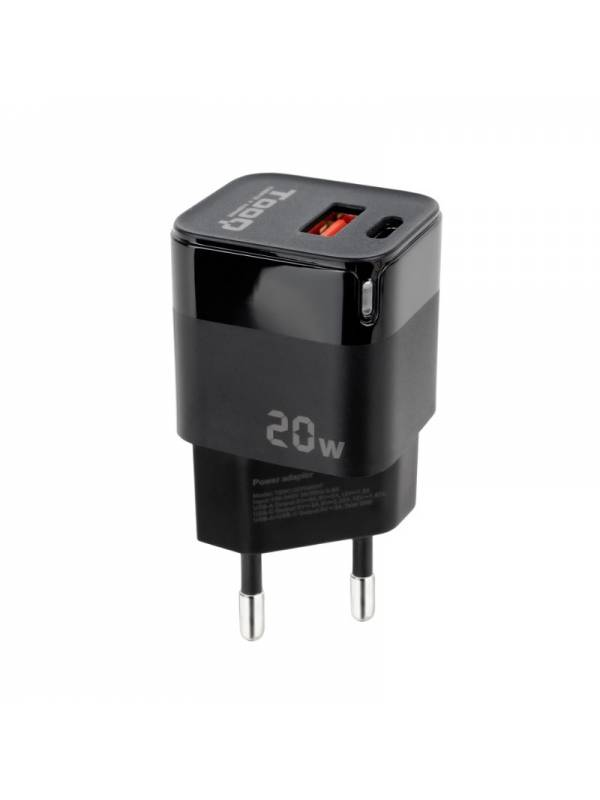 CARGADOR  5V ENCHUFE 2 X USB   TYPE C, USB, 20W NEGRO PN: TQWC-QCPD20 EAN: 8433281014077