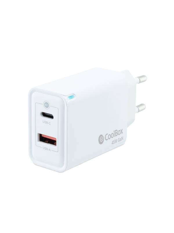 CARGADOR  5V ENCHUFE 1 X USB   TYPE C, X 1 USB A BLANCO PN: COO-CUP-45CA EAN: 8437012429963